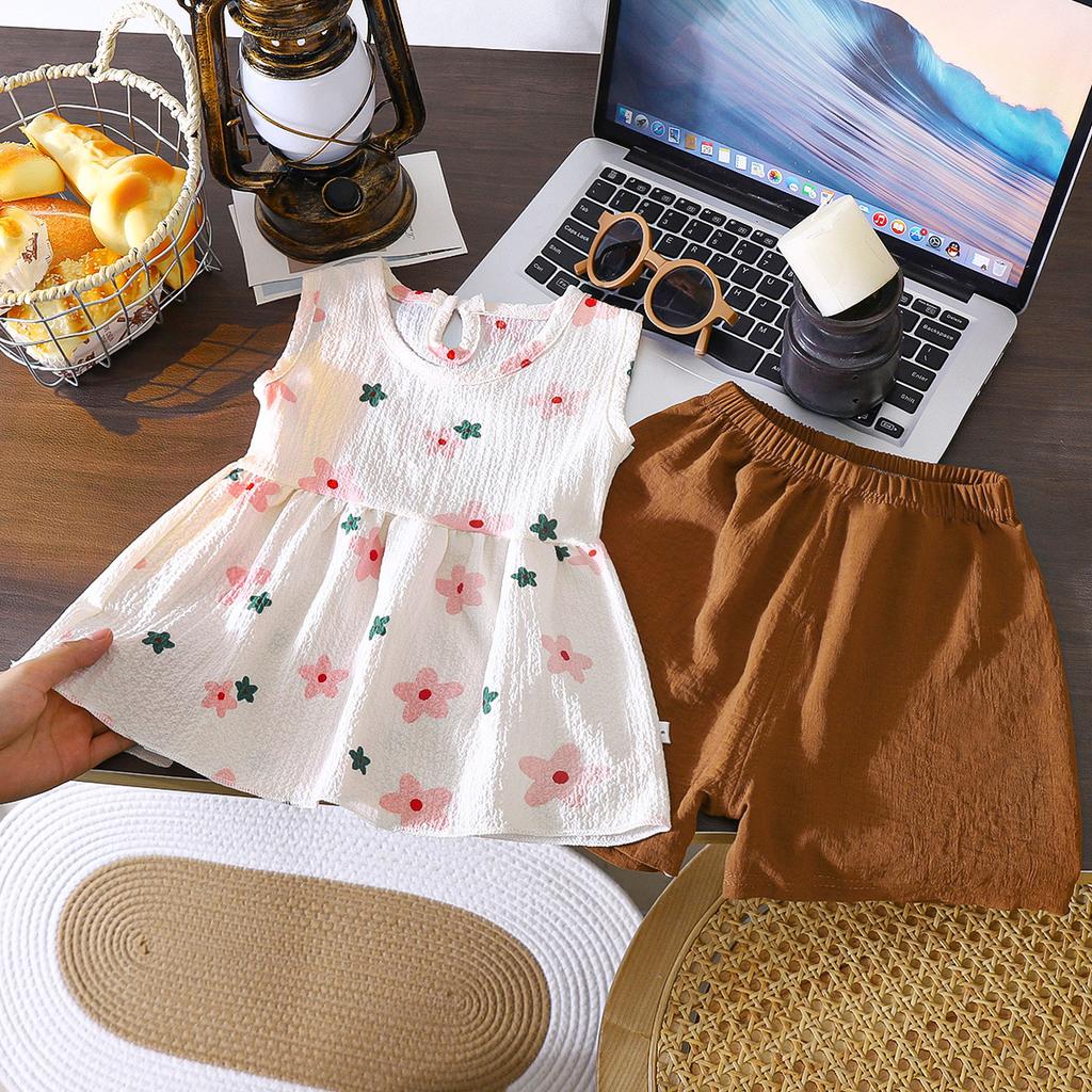Wind Girls Short-sleeved Suit Summer New Children's Clothing Wholesale Girls and Toddlers Butterfly Print Shirt Two-piece Set