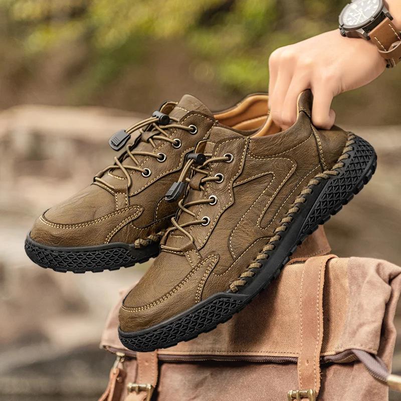 Non-Slip Leather Treking Footwear Leisure Lace Up Mens Casual Shoes Outdoor Male Sneakers Hiking Shoes All-match Driving Shoes