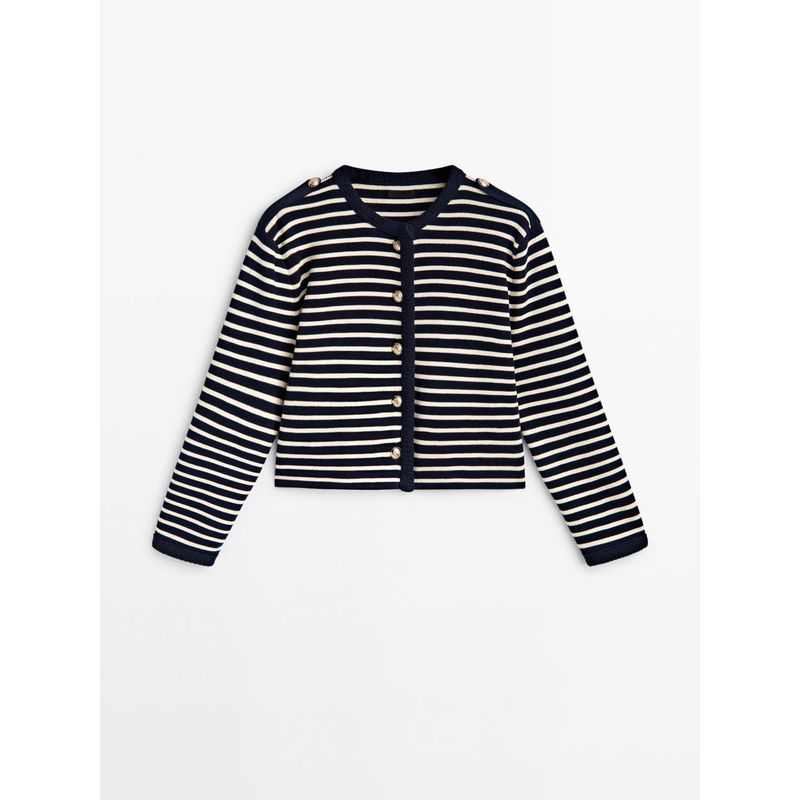 MD Spring New Arrival Women's British Classic Style Golden Button Stripes Knitting Cardigan Short Coat 5635528