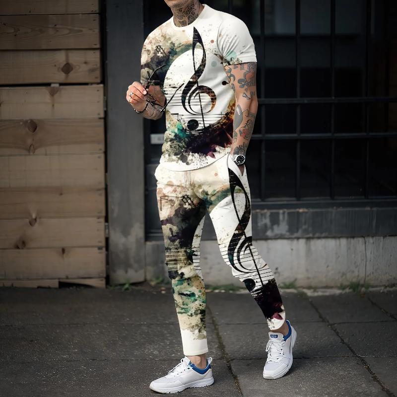 

Модная мужская футболка с короткими рукавами и брюки с принтом 3D-символов музыки, комплект из двух предметов мужской художественной тенденции, повседневная спортивная одежда для вечеринок 6XL