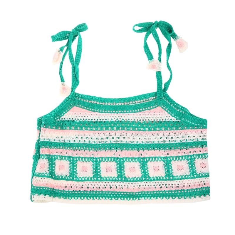 

Женский вязанный крючком жилет без рукавов с завязками на плечах контрастного цвета в полоску с 3D цветочным принтом, свободный пляжный камзол, укороченный топ на бретелях 1 зелёный