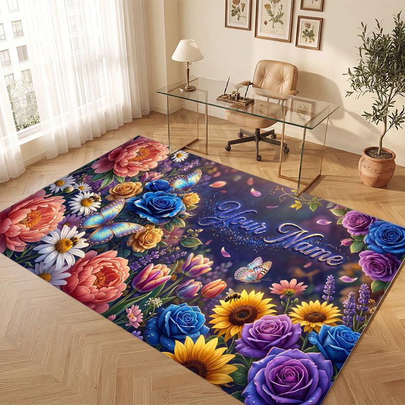 Floral Garden Theme Soft Crystal Velvet Rug Custom Name & Text Print Non Slip Floor Rug for Bedroom Living Room