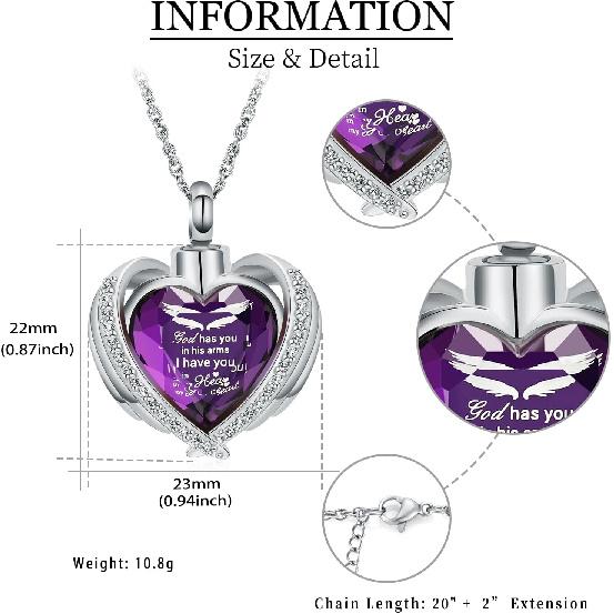 shajwo Cremation Jewelry Angel Wing Heart Urn Ashes Necklace for Women Men Birthstone Loved One Memorial Pendant