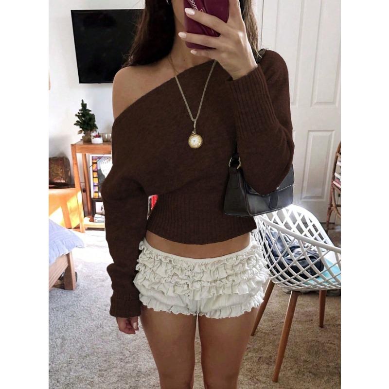 Women Loose Off Shoulder Long Sleeve Knit Cropped Sweater