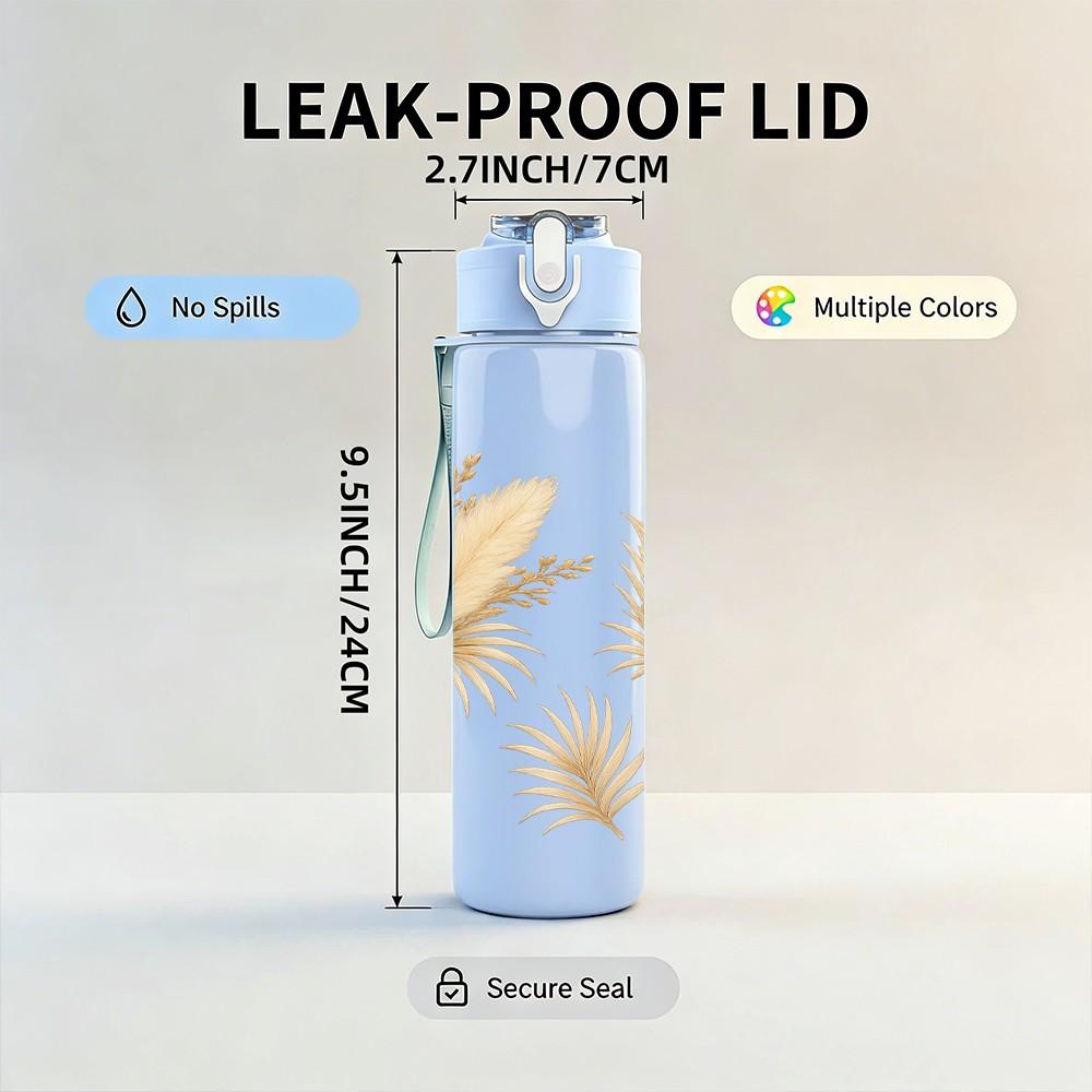 1PC Dry Beige Pampas Grass Bouquet Print 750ml Color Plastic Sports Water Bottle Leakproof Flip Straw Lid Suitable for Sports Office Home Use