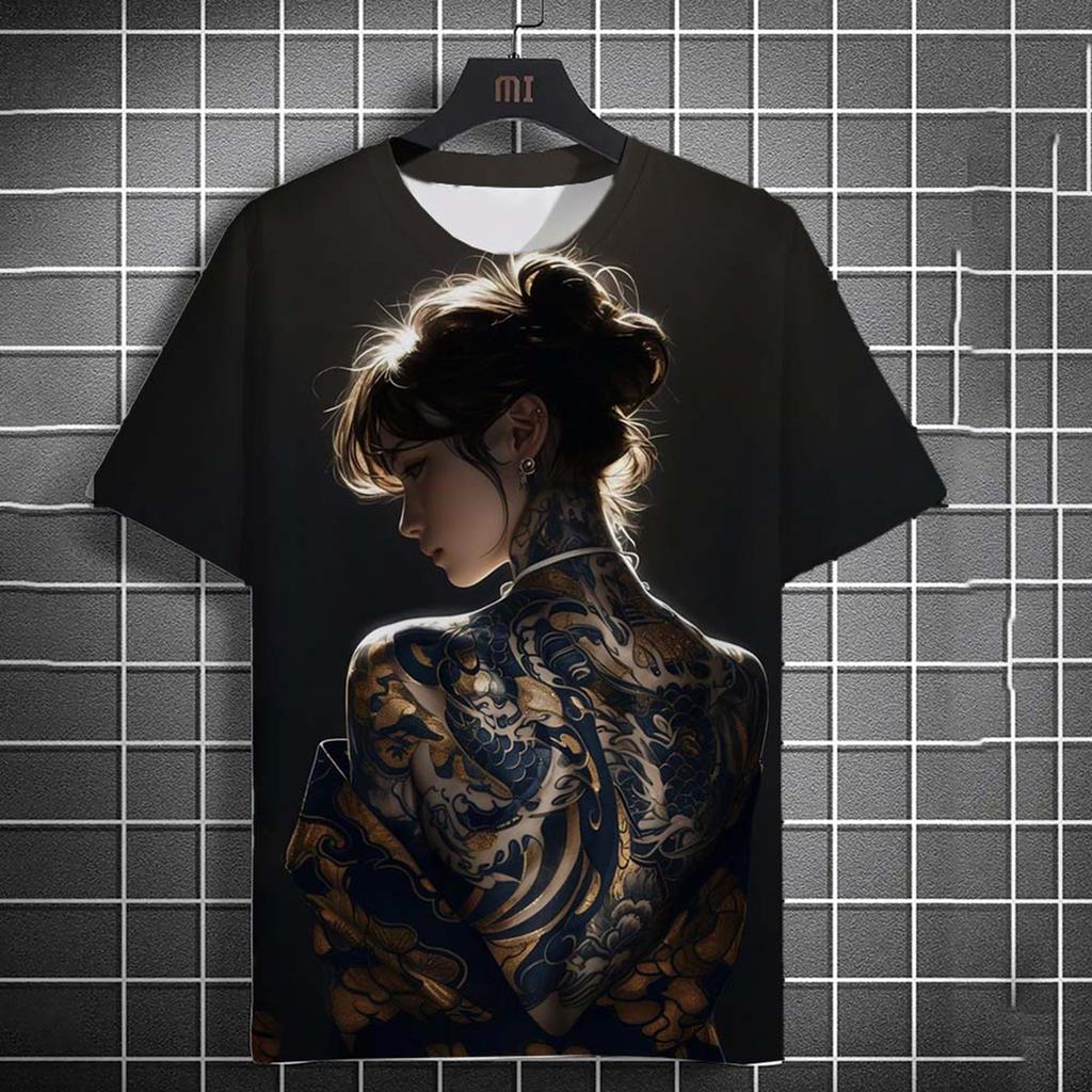Men's versatile 3D printed T-shirt American Harajuku mixed tattoo bad girl cartoon loose breathable summer short sleeved top