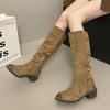 But Knee Pleated Boots Women's 2025 New British Style Fashion Temperament Western Cowboy Boots Thick Heel Knight Boots