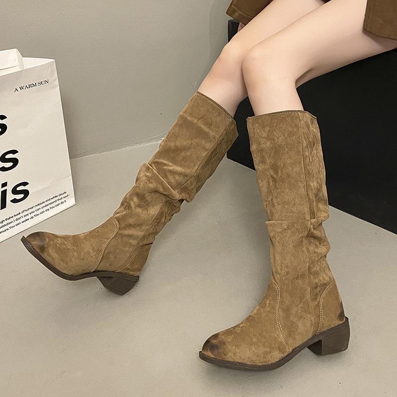 But Knee Pleated Boots Women's 2025 New British Style Fashion Temperament Western Cowboy Boots Thick Heel Knight Boots