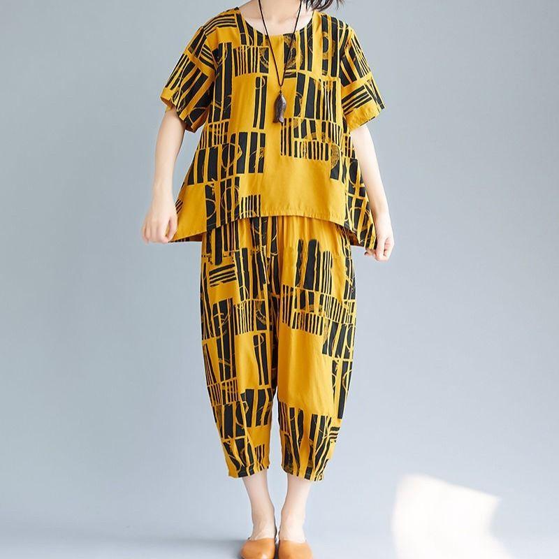 Women O-Neck Short Sleeve Elastic Waistband Pockets Casual Outfit  Women Lines Printing T-shirt Wide Leg Cropped Pant Sets