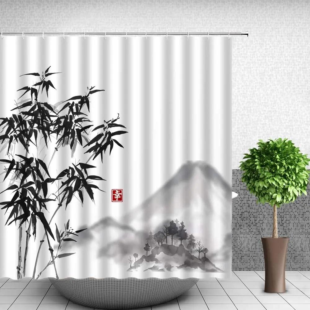 Chinese Style Ink Painting Shower Curtain Landscape Flower Tree Plant Boat Plum Living Room Background Wall Bathroom Screen Hook