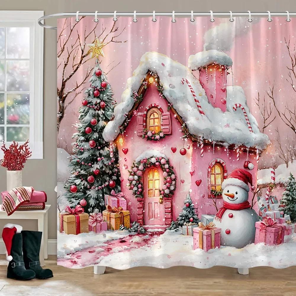 Świąteczny Bałwan Zasłona Prysznicowa Różowy Domek z Cukierków Święty Mikołaj Prezent Świąteczny Poliestrowe Zasłony Prysznicowe Dekoracja Łazienki Z Haczykami