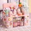 Large Capacity Desk Organizer with Cute Stickers Patches Desk Drawer Storage for Makeup Brush Office School Supplies Organizer