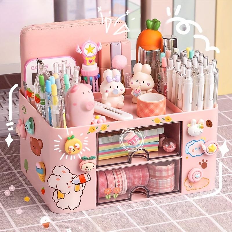 Large Capacity Desk Organizer with Cute Stickers Patches Desk Drawer Storage for Makeup Brush Office School Supplies Organizer