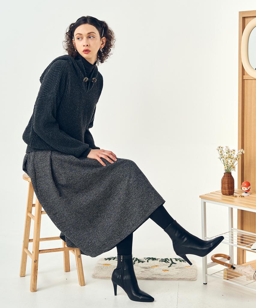 Pelimela Twill A-Line Belted Skirt (Gray)