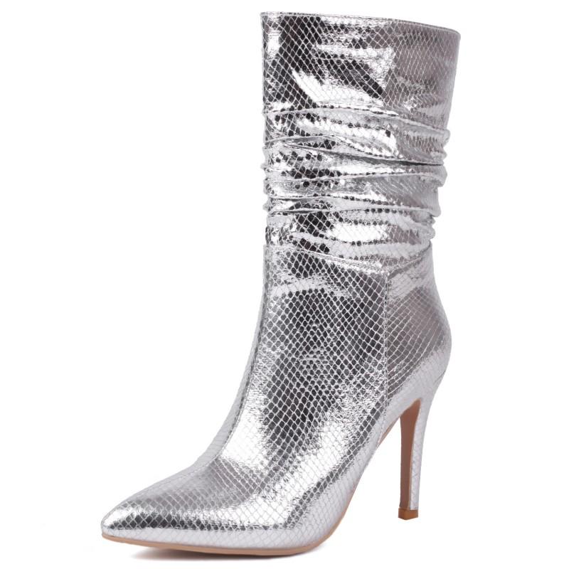 

Роскошные женские ботильоны до щиколотки Сексуальные розовые синие золотые серебристые на высоком каблуке Вечерние туфли Женские большого размера Модные осенне-зимние ковбойские ботинки 39 серебряный