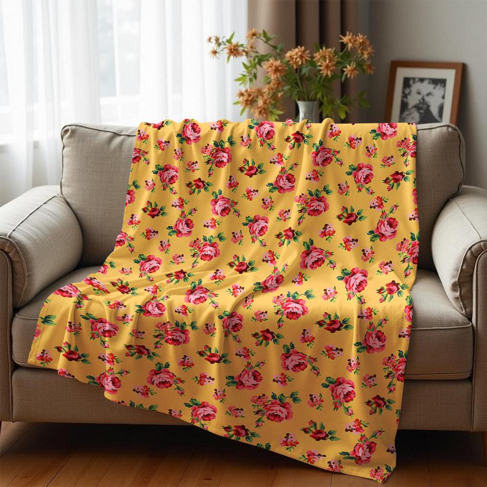Vintage Yellow Pink Small Rose Anime Cartoon Flannel Blanket Soft Warm Throw for Bedroom Sofa Car Kids Holiday Gift