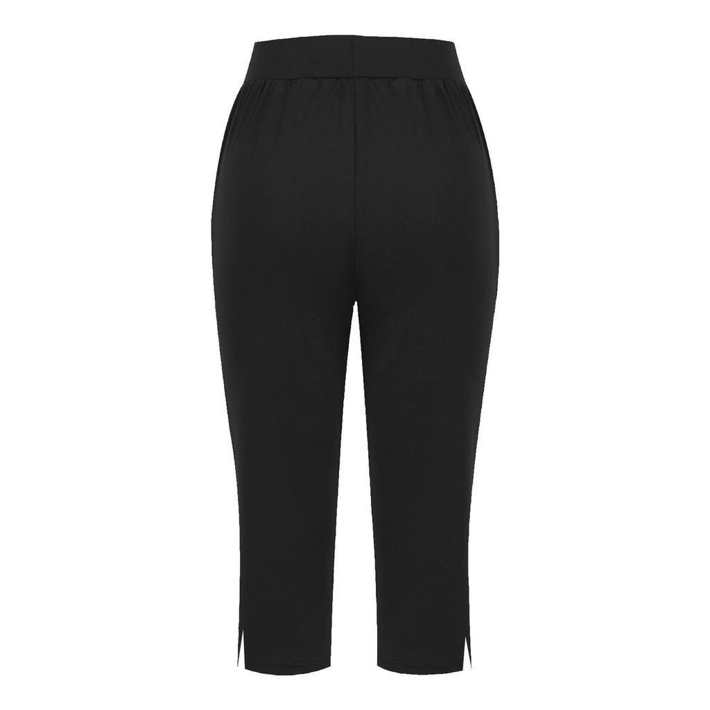 Women  Elastic High Waist 3/4 Pant Casual Active  Fit Wide Capris Leg Pants Trousers With Pockets