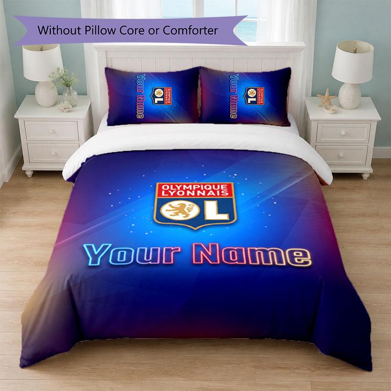 Lyon FC Custom Name Text Bedding Set 1 Duvet Cover+2 Pillowcases Soccer Logo Personalized Gift For Special Occasion Bedroom Decor