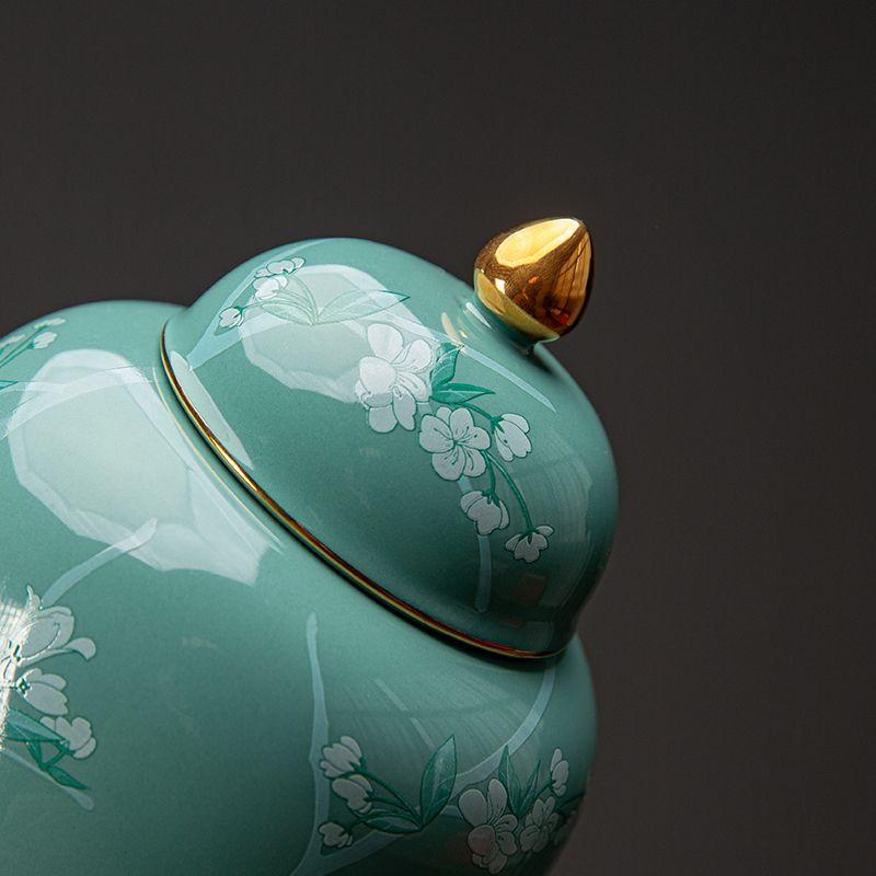 Chinese Ceramic Tea Canister Green Flower Candy Canister Delicate Multifunctional Coffee Bean Food Storage Jar Moisture-proof