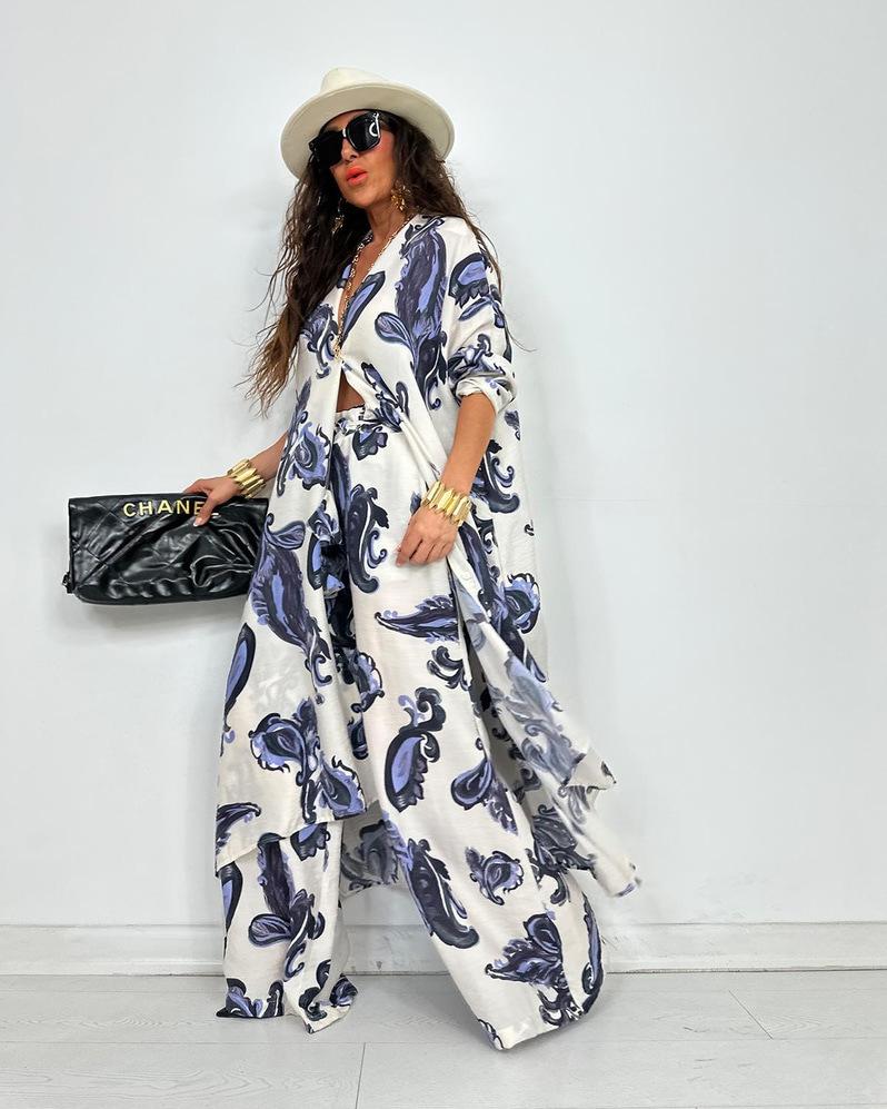 2025 Autumn New Women's Lapel Print Medium and Long Top Wide-leg Pants Two-piece Set