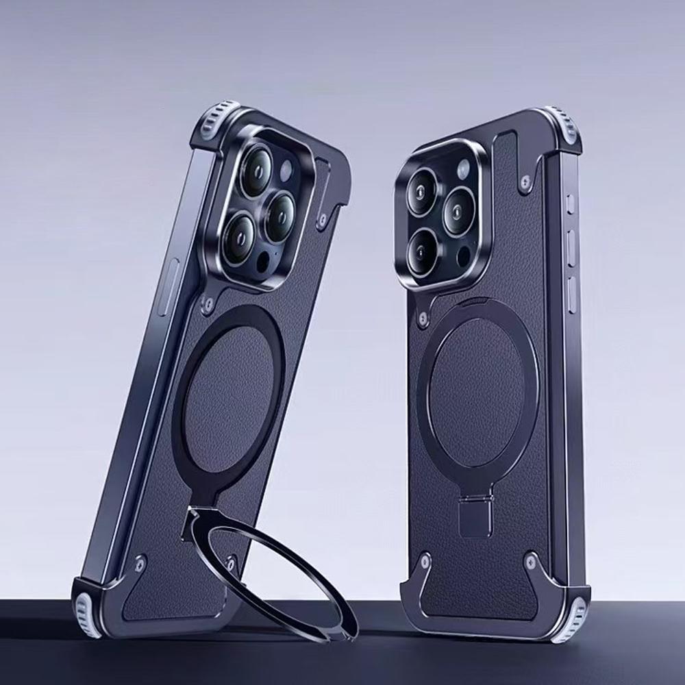 Luxury Genuine Leather for Magsafe Magnetic Wireless Charge Case for iPhone 17 16 15 14 13 Pro Max 360° Rotatable Ring Stand Shockproof Cover