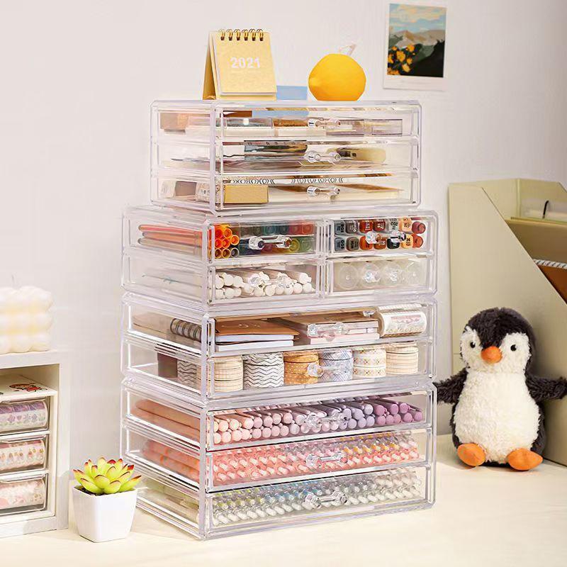 Clear Desk Organizers and Acssories, Stackable Makeup Storage Box Plastic Drawer Organizer for Home Offi Supplies Art Craf
