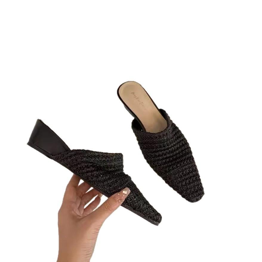 French Niche Weave Half Slippers Women Wear Summer High Heels With Skirts Evening Bag Head Shoes