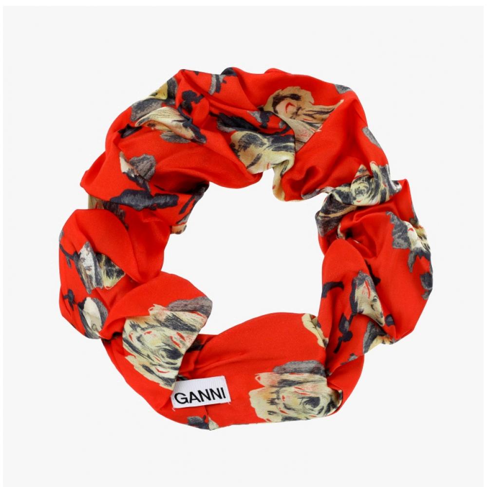 Ganni A6247 034 Orange Floral Print Scrunch Stirnband