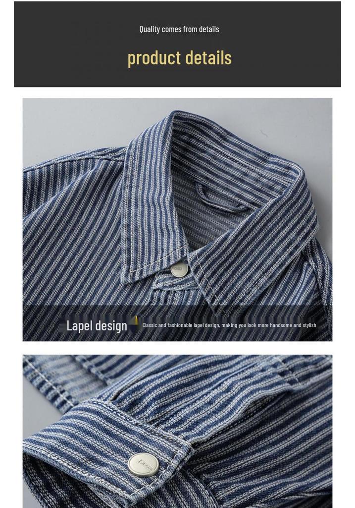 Men's Retro Vertical Stripe Denim Shirt - Spring/Autumn Loose Fit Long Sleeve Jacket