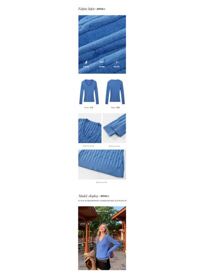 Belgian Chimes Blue V-Neck Cable Knit Sweater – Women's Autumn Long Sleeve Knitwear