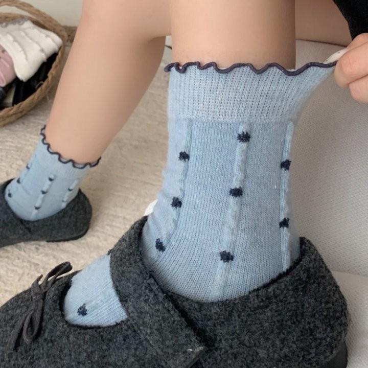 Polka Dot Floral Merino Wool Slouch Socks with Lettuce Edge and Lace