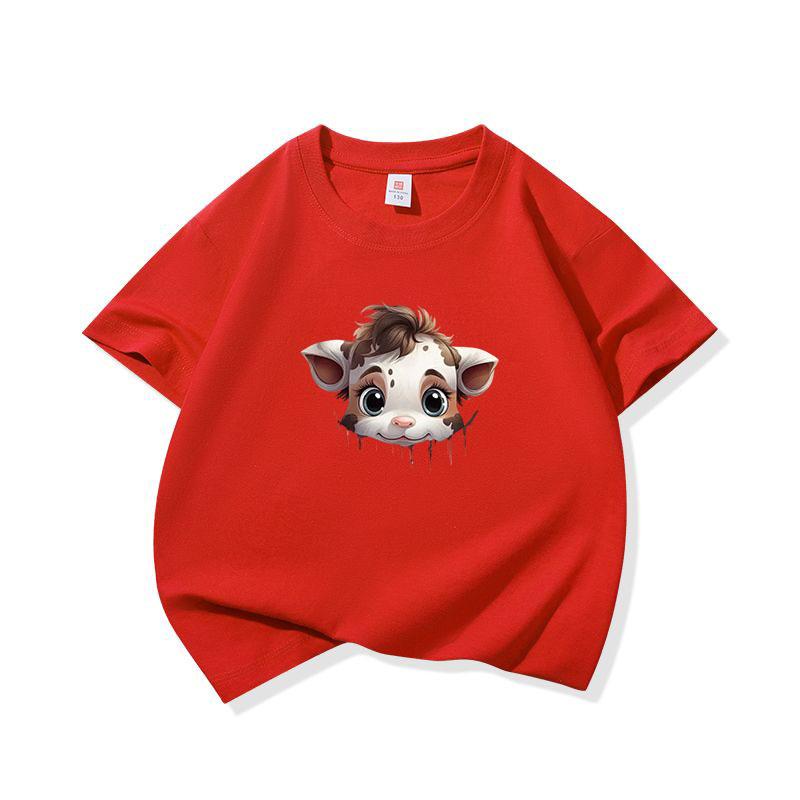 Kids Cotton T Shirt Light Spotted Baby Cow Peeking Print Crew Neck Short Sleeve Tee Casual Boys Girls Summer Tops