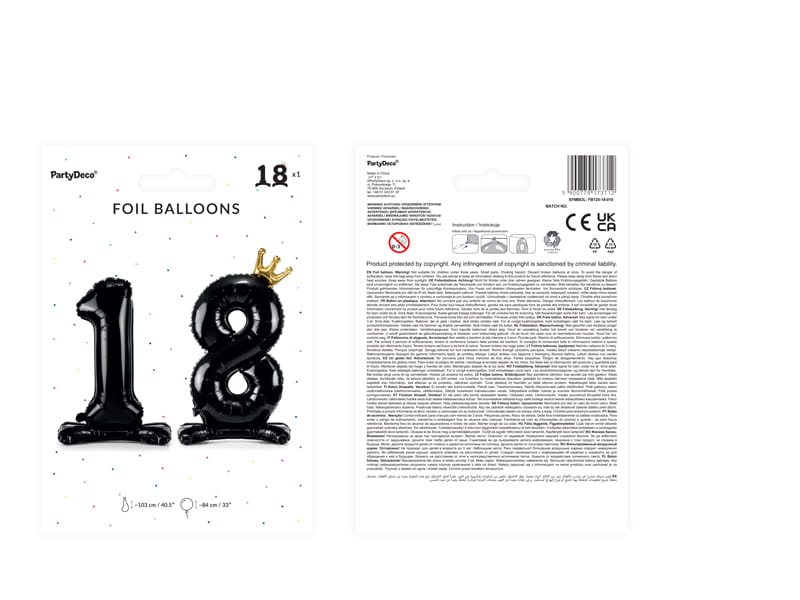 PartyDeco Standing Foil Balloon BLACK 84 NUMBER 18