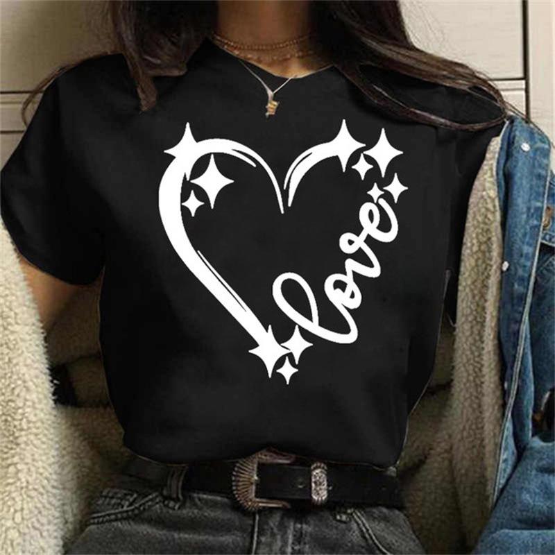 Cute Women's Summer Tee with Love Heart Pattern - Fashion Short Sleeve Top