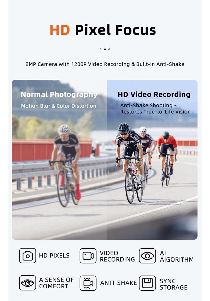 AI Smart Glasses with 800W Camera & Anti-Shake for Outdoor Cycling