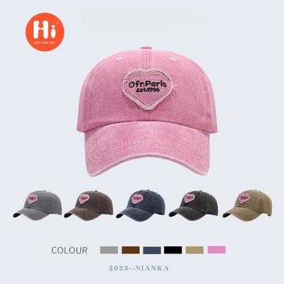 Korean Hat Women's Fashion Autumn and Winter Love Embroidery Washed Baseball Cap Pink Cap Retro Couple Visor