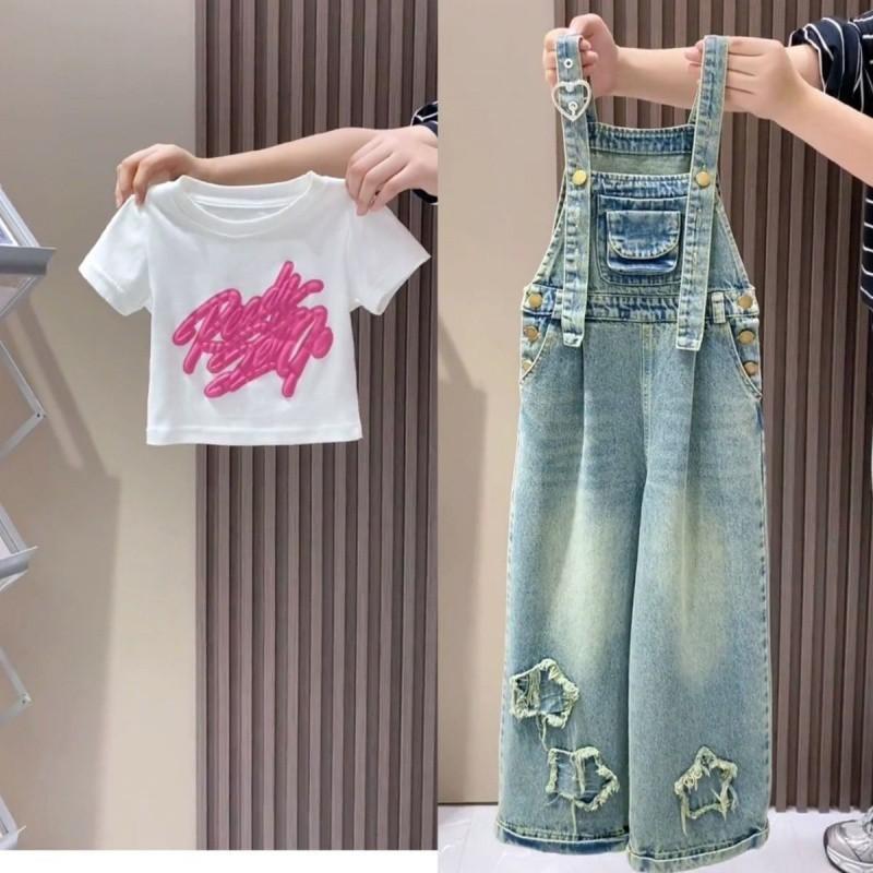Adorable Girls Summer Outfits Loose Fit Denim Suspenders Set With Colorful T-shirt