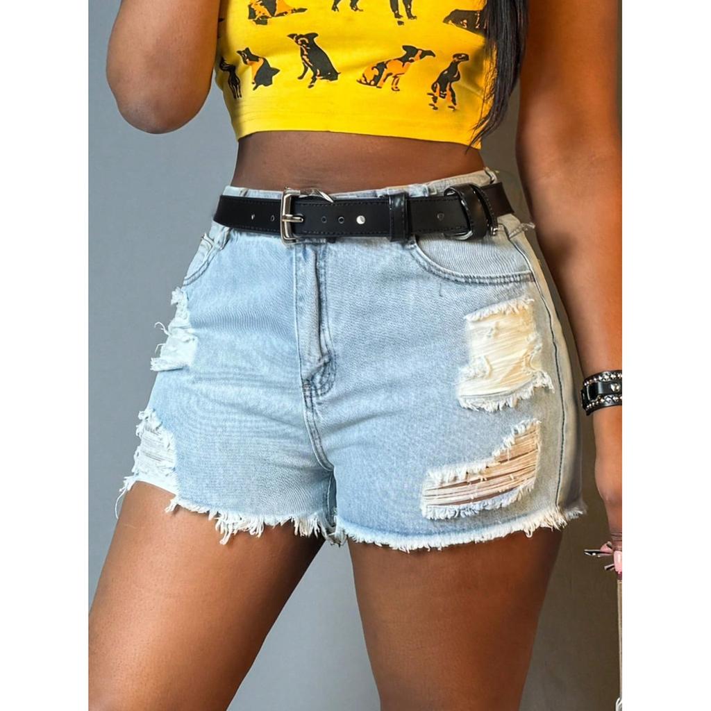 Damen Color Jeans Stretch Slim Fit Used Fransen Denim Shorts