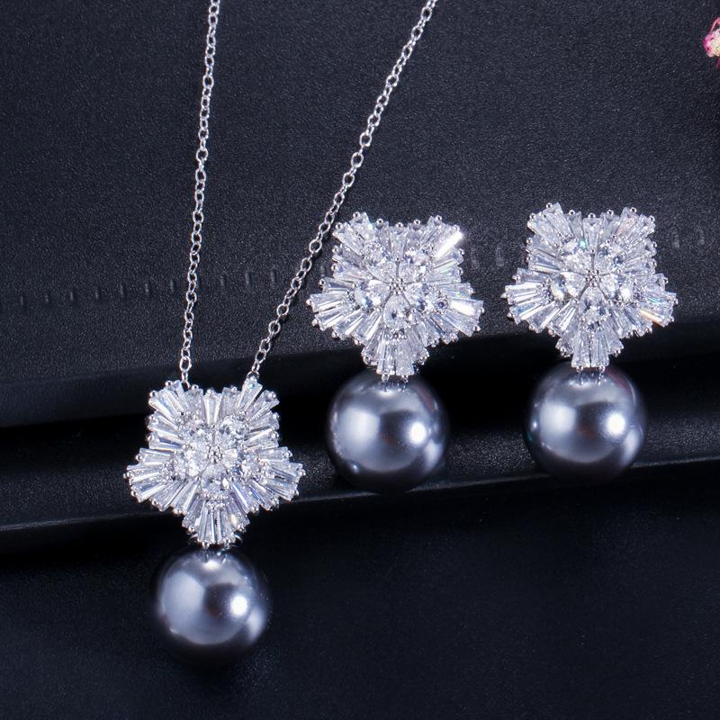 Bridal Pearl Earrings Pendant, Snowflake Pearl Zircon Necklace Earrings Set