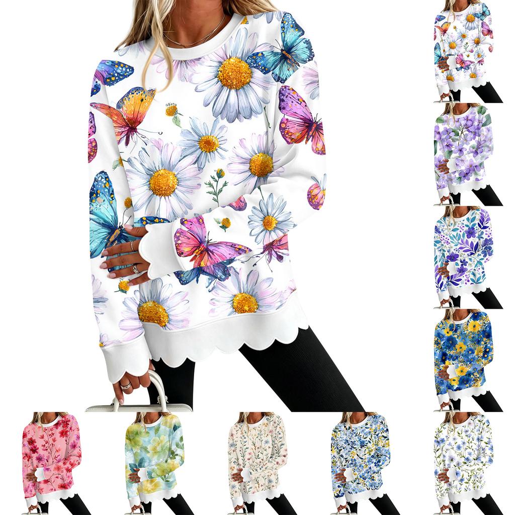 Women's Floral Print Crewneck Sweatshirt with Scalloped Wavy Hem Long Sleeve Pullover Top