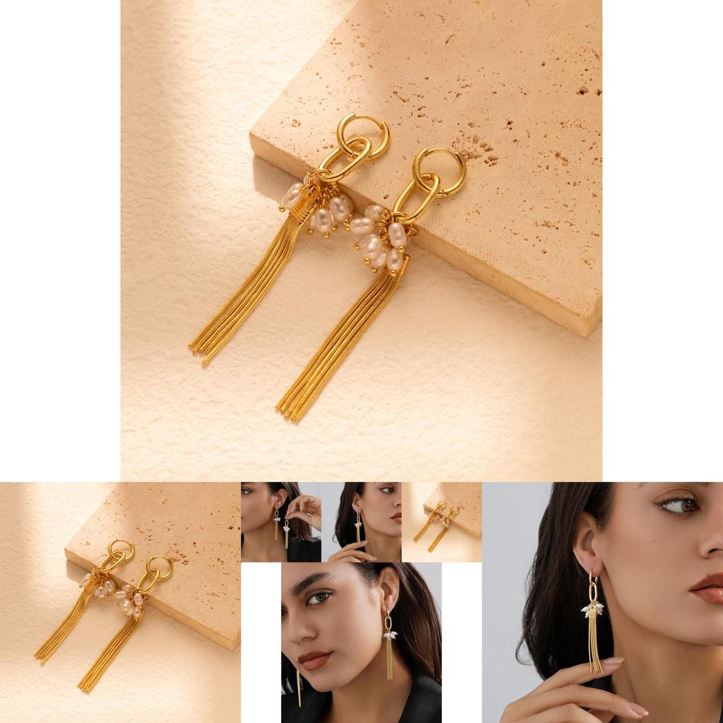 Elegant Long Tassel Pendant Earrings For Women With Faux Pearl Geometric Design