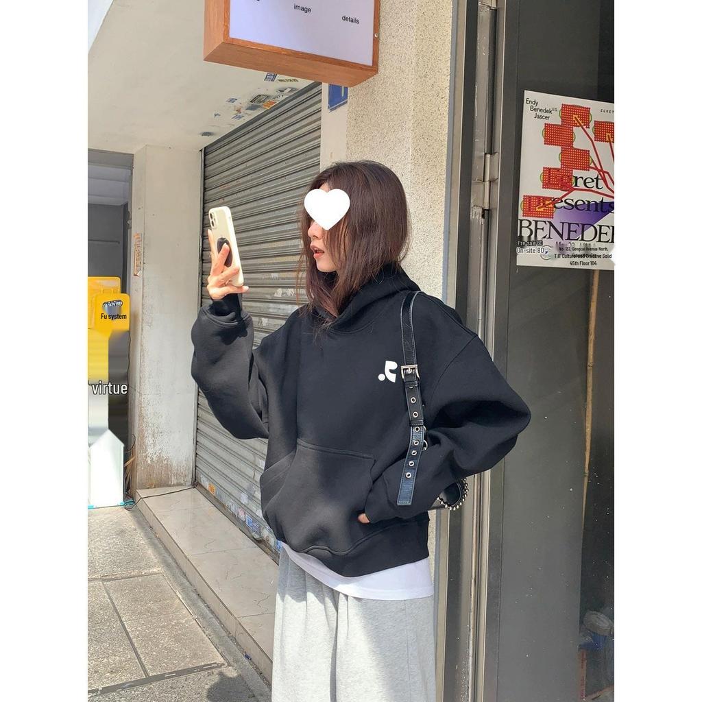 Korean Style Embroidered Women's Hoodie - Solid Color, Casual, Loose, Trendy Early Autumn Top