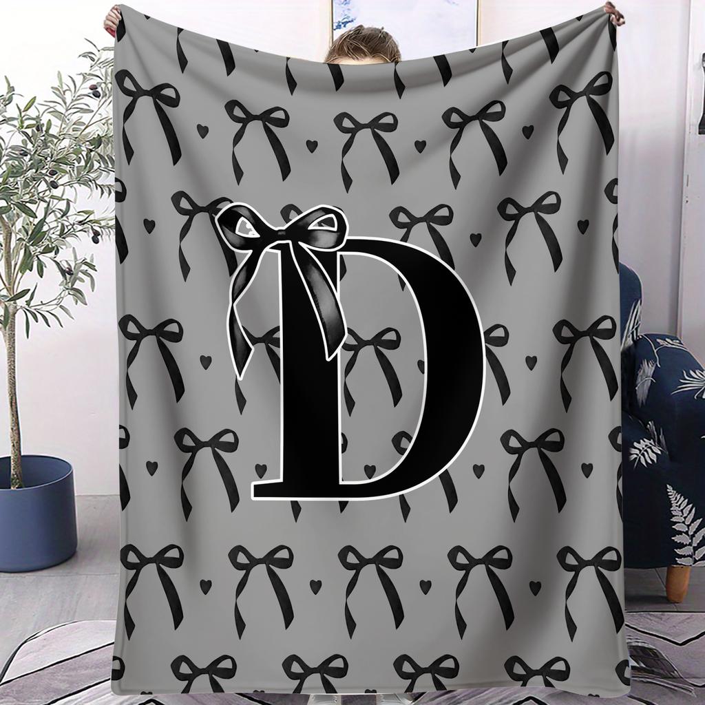 Trendy Personalized Monogram Letter Bow Pattern Blanket Soft Fluffy Decorative Couch Bed Blanket Suit AllSeason