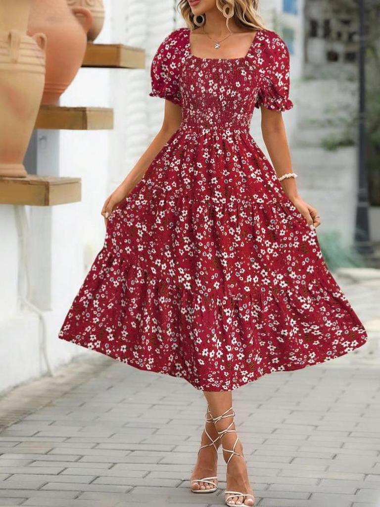 Floral Square Collar Ruched Waist Bubble Sleeve Layered Dress Sweet Style Dress