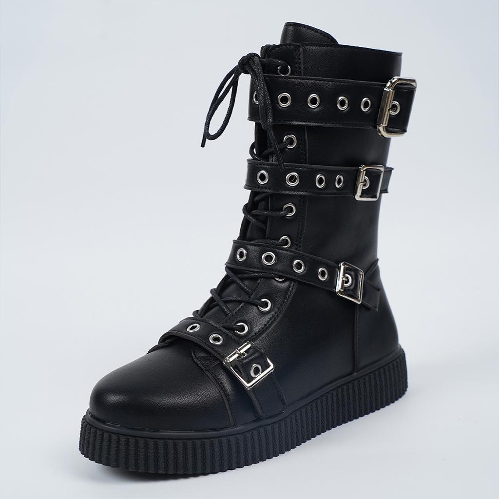 Large Size 42 Platform Mid Calf Boots Women Fashion Punk Rivet Knight Boots New Autumn Winter Women'S Thick Bottom Leather Shoes