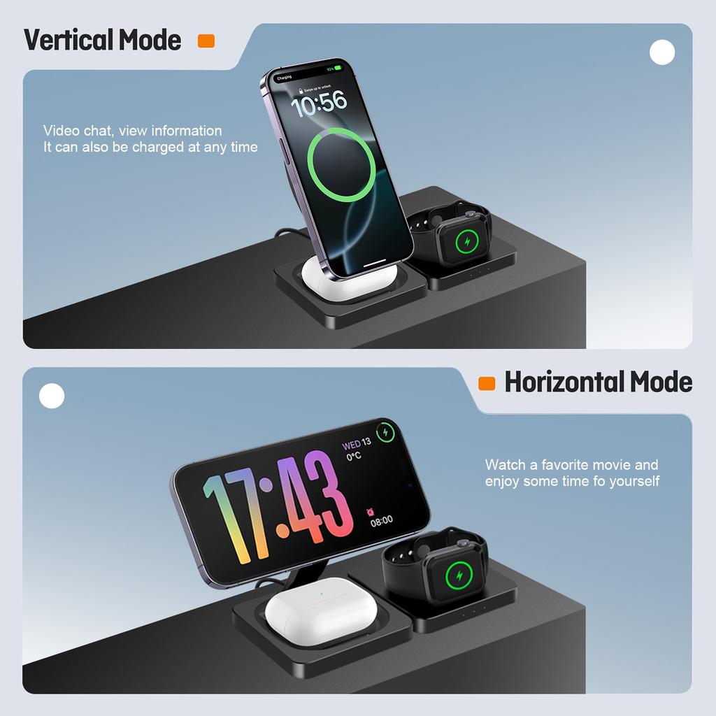 3 In 1 Charging Station for iPhone 16 15 14 Airpods 4 3 iWatch 10 Foldable Magnetic Wireless Charger Dock Travel Charging Pad