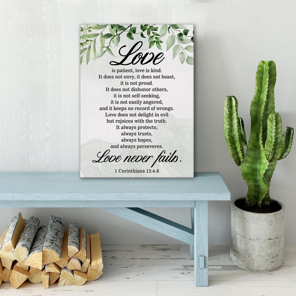 Christian Canvas Wall Art Love Is Patient Love Is Kind 1 Corinthians 13:4-8 Canvas Print Positive Scripture Painting Home Bedroom Wall Decor Framed