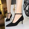 French Style Pointed Toe High Heels Thin Heels Shallow Mouth Suede One-Line Buckle Mid-Heel Pedicure Single Shoes For Women
