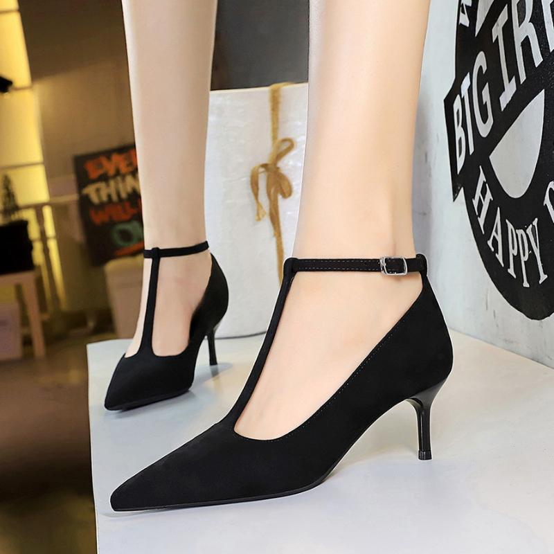 French Style Pointed Toe High Heels Thin Heels Shallow Mouth Suede One-Line Buckle Mid-Heel Pedicure Single Shoes For Women