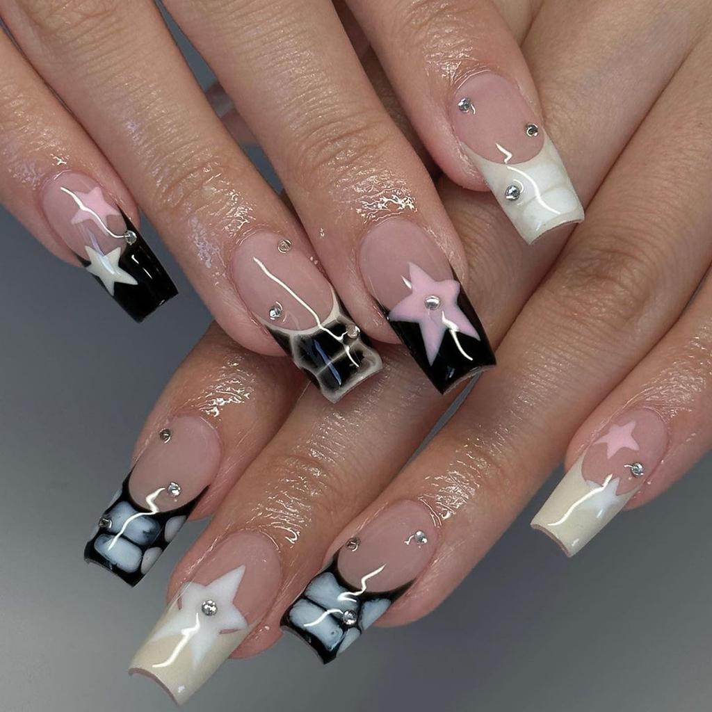 24Pcs Y2K Pink Star French Tip Fake Nails Medium Square Glitter Press On Nails DIY Manicure Set